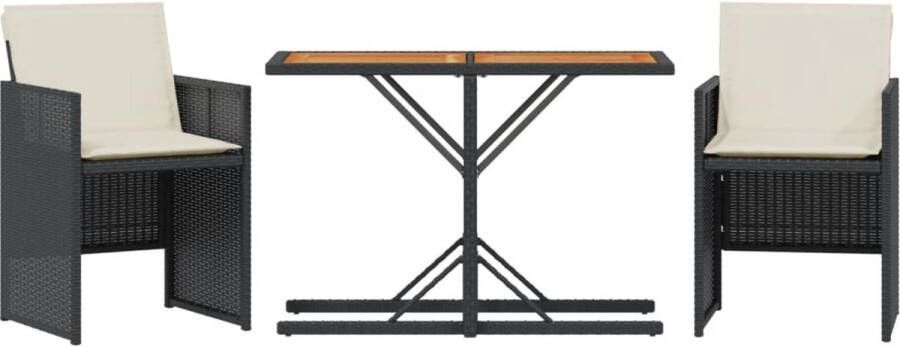 VidaXL 3-delige Bistroset met kussens poly rattan zwart