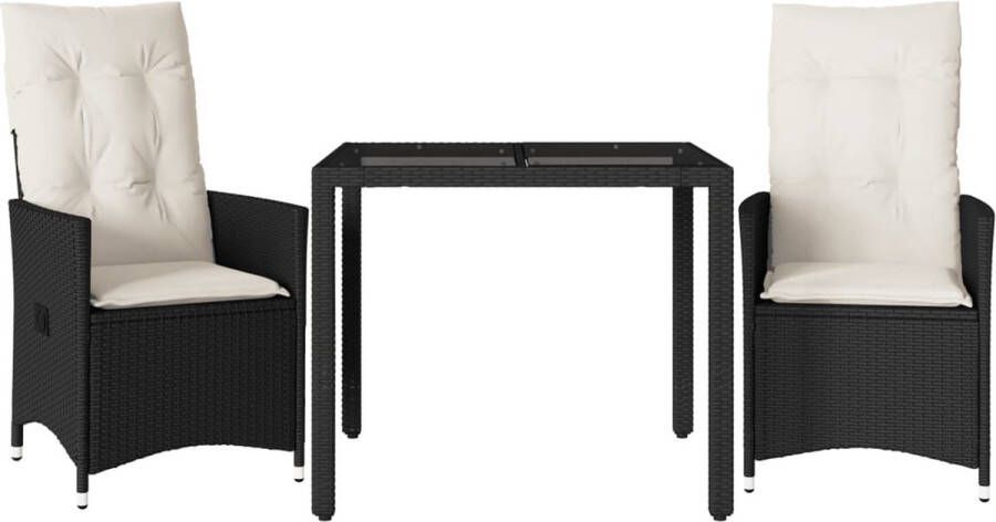 VidaXL 3-delige Bistroset met kussens poly rattan zwart
