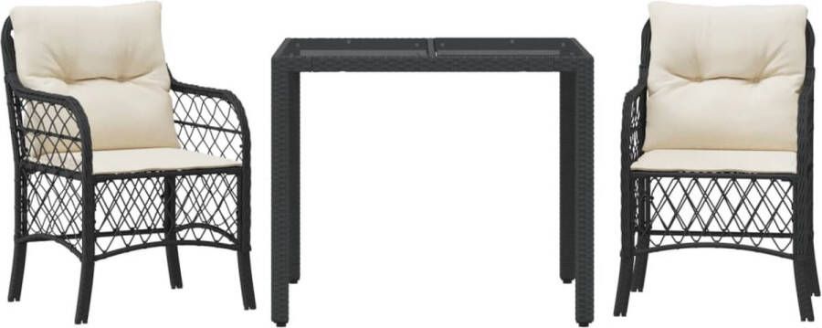 VidaXL 3-delige Bistroset met kussens poly rattan zwart