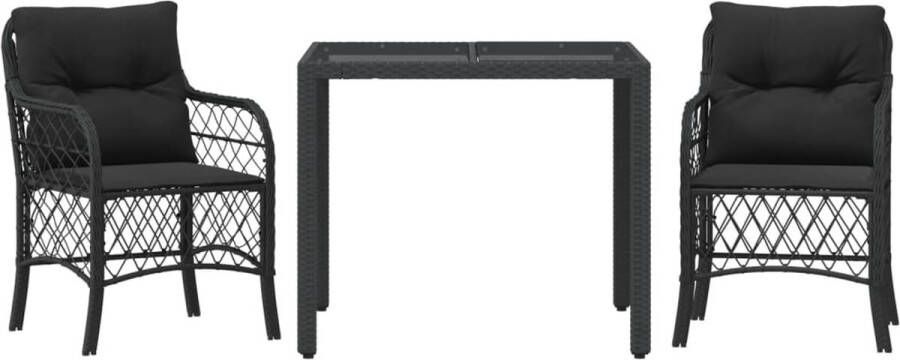 VidaXL 3-delige Bistroset met kussens poly rattan zwart