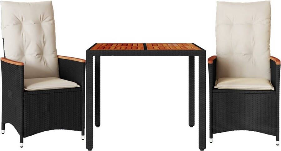VidaXL 3-delige Bistroset met kussens poly rattan zwart