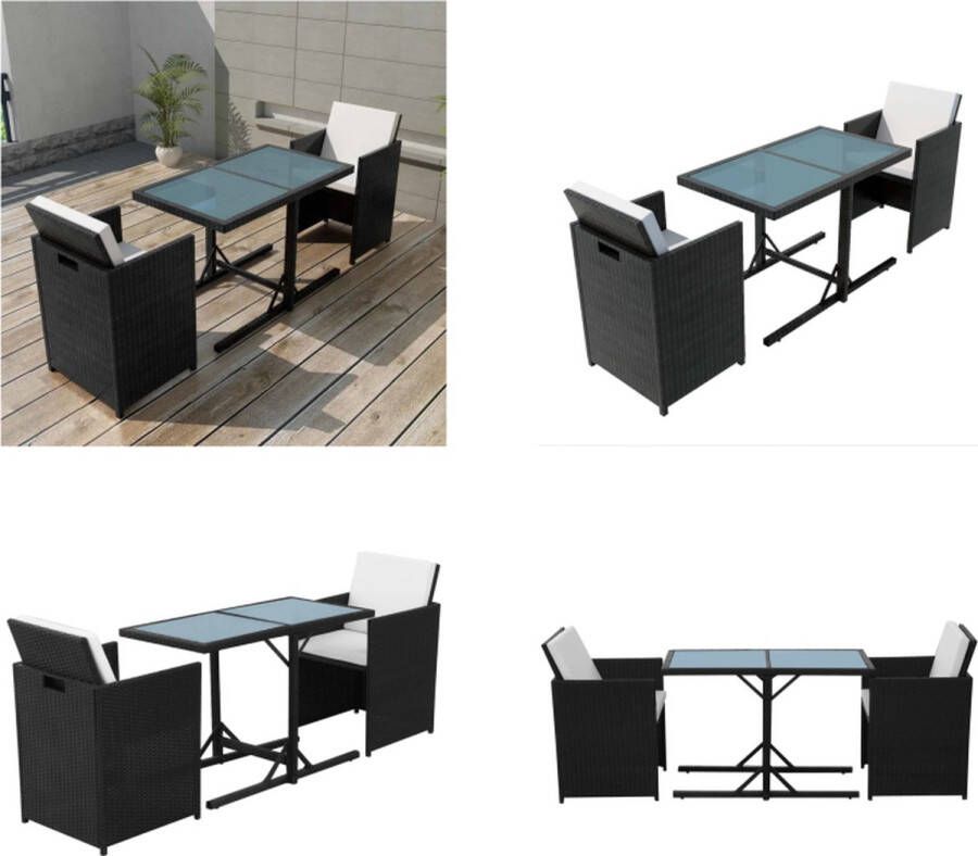 VidaXL -3-delige-Bistroset-met-kussens-poly-rattan-zwart Tuintafel En Stoel Tuintafels En Stoelen Tuintafel Set Tuintafel Sets