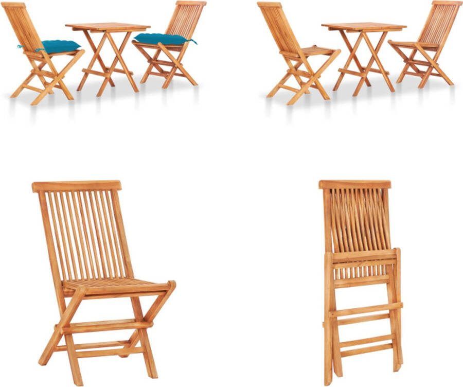 VidaXL 3-delige Bistroset met lichtblauwe kussens massief teakhout Bistroset Bistrosets Bistrotafel En -stoel Bistrotafels En -stoelen