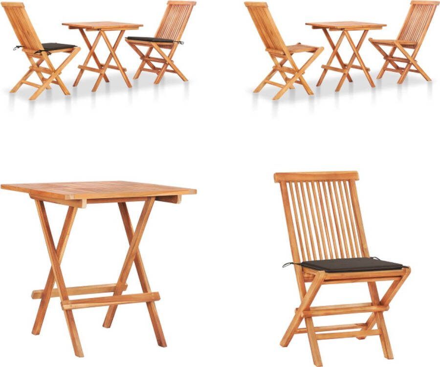 VidaXL 3-delige Bistroset met taupe kussens massief teakhout Bistroset Bistrosets Bistrotafel En -stoel Bistrotafels En -stoelen