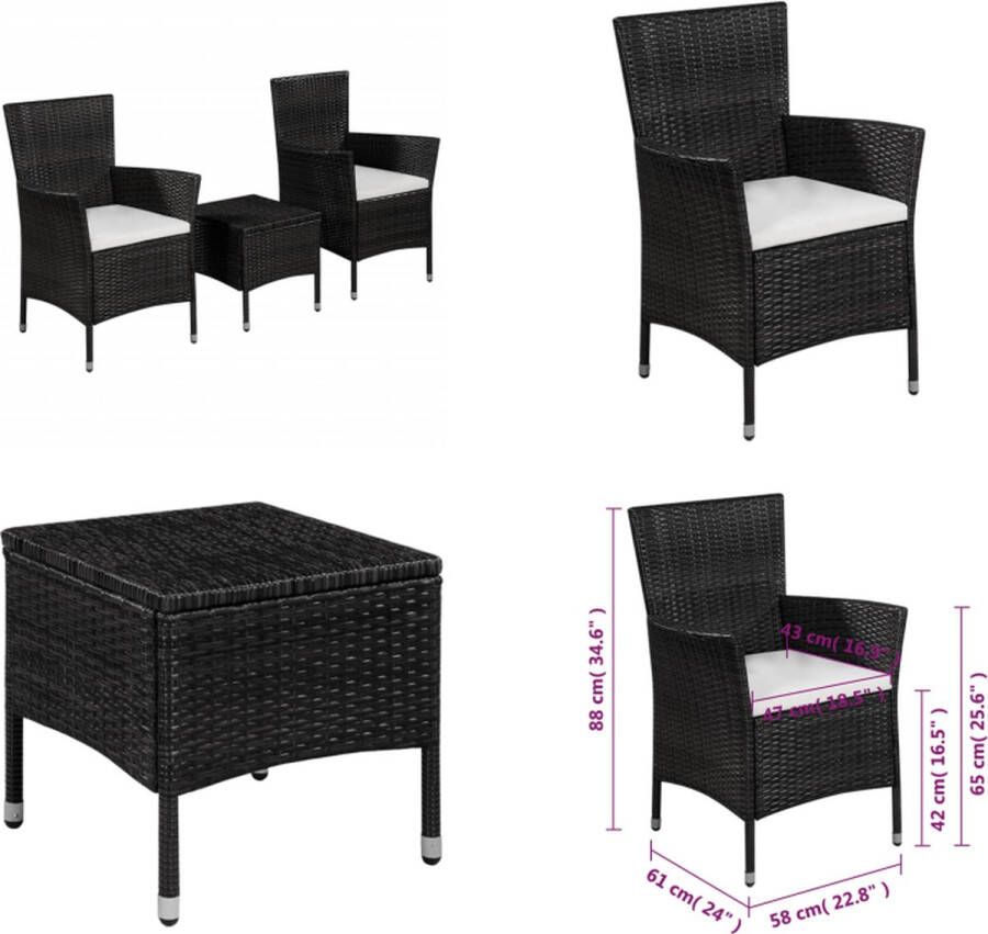 VidaXL 3-delige Bistroset poly rattan zwart Bistroset Bistrosets Bistro Set Bistro Sets