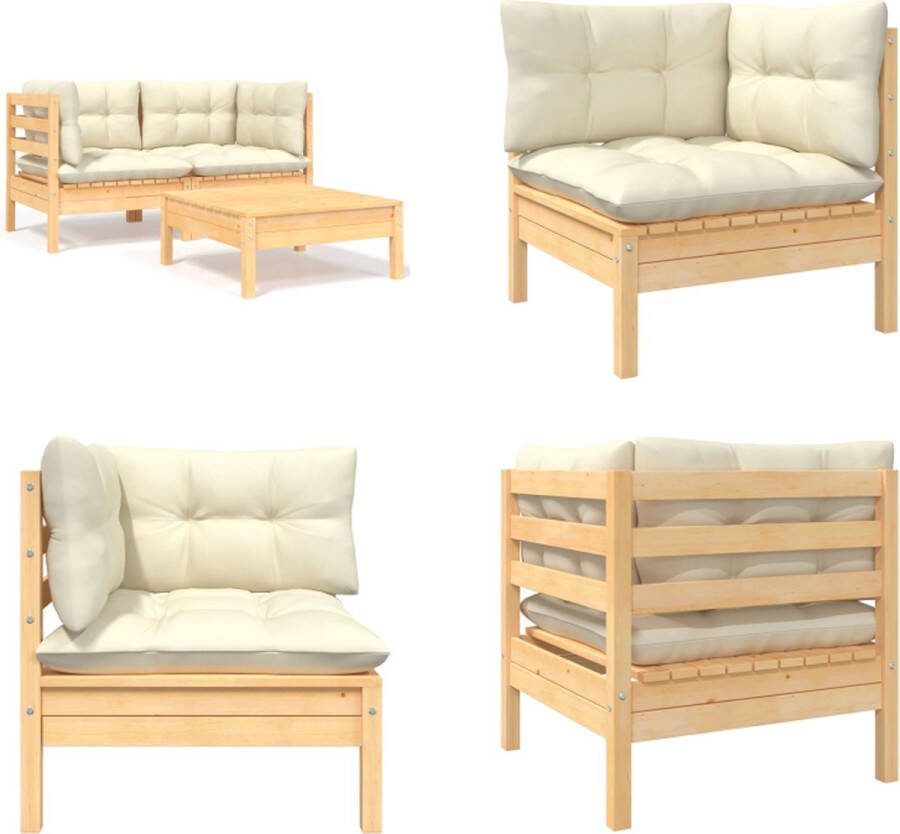 VidaXL 3-delige Loungeset met crèmekleurige kussens massief grenenhout Loungeset Loungesets Lounge Set Lounge Sets