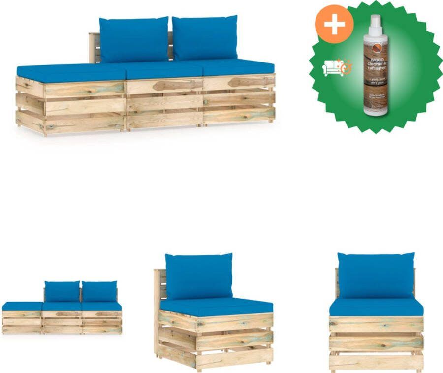 VidaXL Pallet Loungeset Grenenhout Lichtblauwe kussens 2x middenbank 1x tafel voetenbank Tuinset Inclusief Houtreiniger en verfrisser