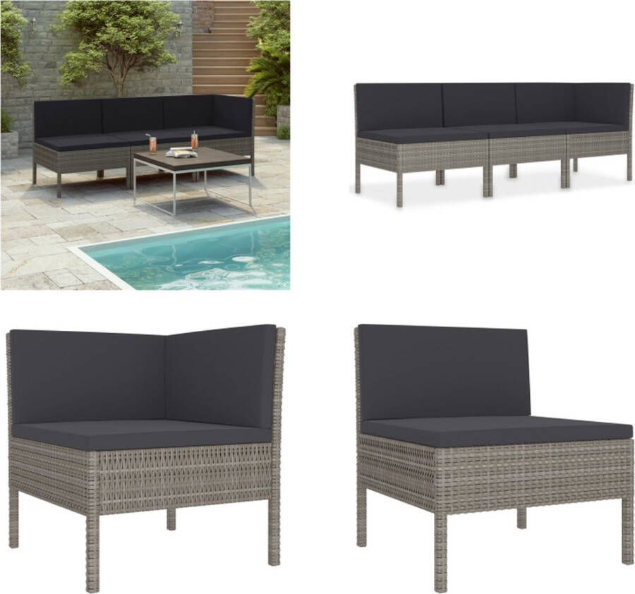 VidaXL 3-delige Loungeset met kussens poly rattan grijs Tuinbank Tuinbanken Loungebank Loungebanken