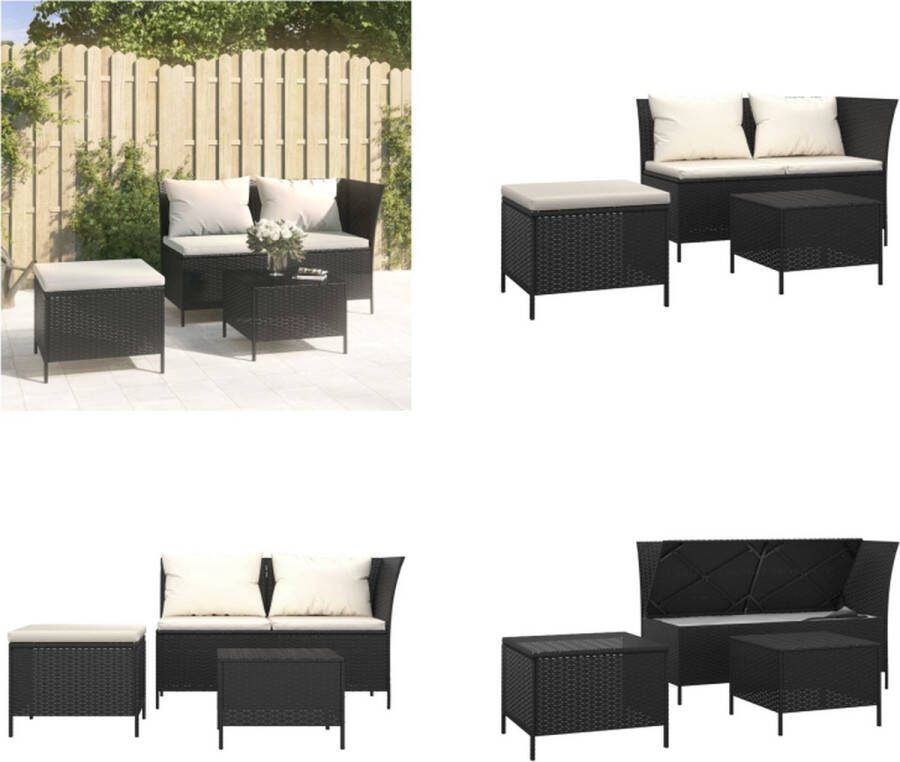 VidaXL 3-delige Loungeset met kussens poly rattan zwart Loungeset Loungesets Loungeset Tuin Loungebank Tuin