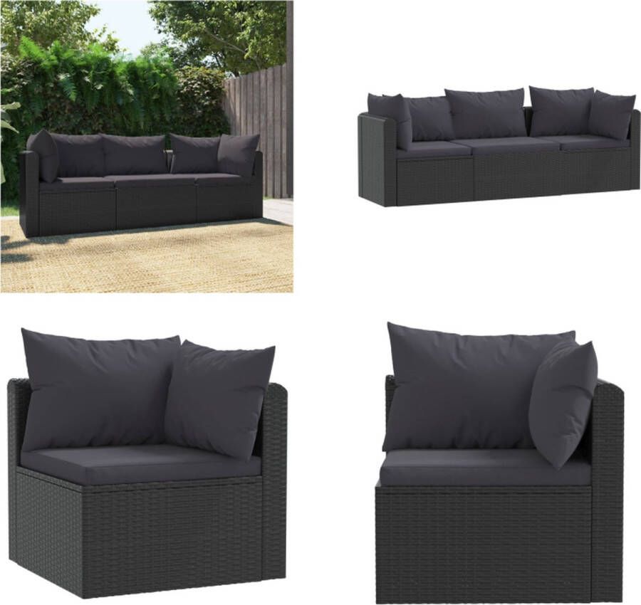 VidaXL 3-delige Loungeset met kussens poly rattan zwart Tuinbank Tuinbanken Buitenbank Buitenbanken