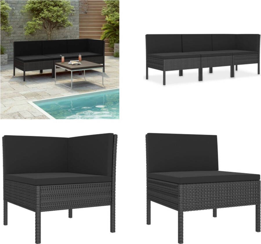 VidaXL 3-delige Loungeset met kussens poly rattan zwart Tuinbank Tuinbanken Loungebank Loungebanken
