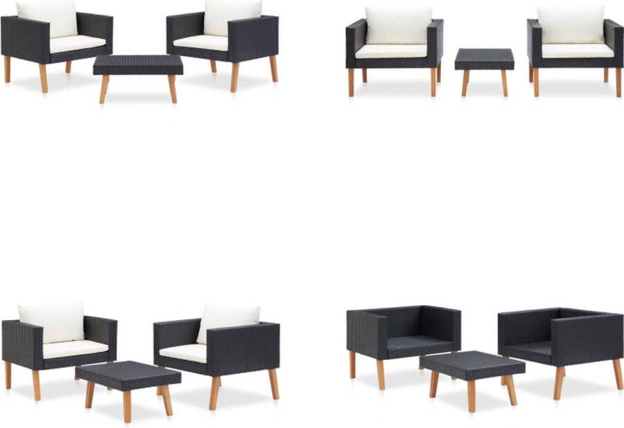 VidaXL 3-delige Loungeset met kussens poly rattan zwart Tuinbank Tuinbanken Loungebank Loungebanken