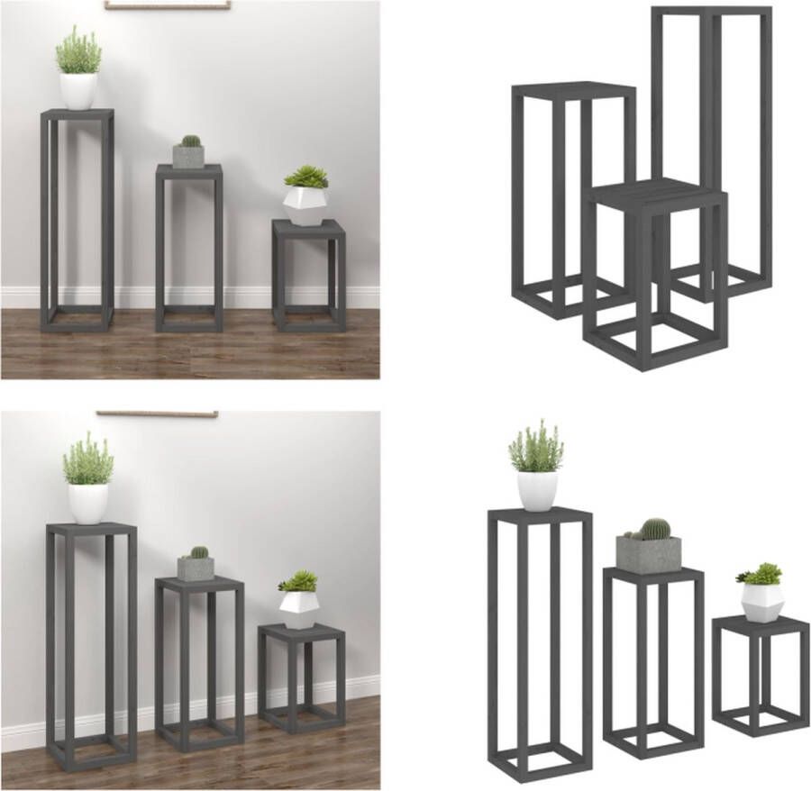 VidaXL 3-delige Plantenstandaardset massief grenenhout grijs Plantenstandaardset Plantenstandaardsets Plantenstandaard Plantenbak