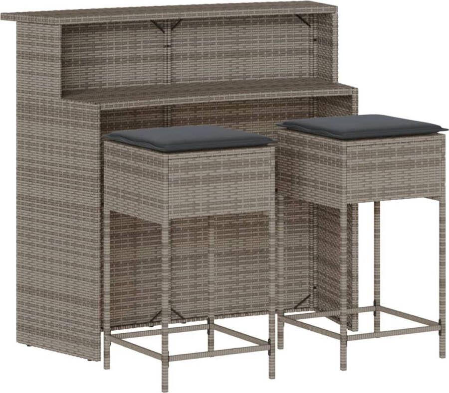 VidaXL 3-delige Tuinbarset met kussens poly rattan grijs