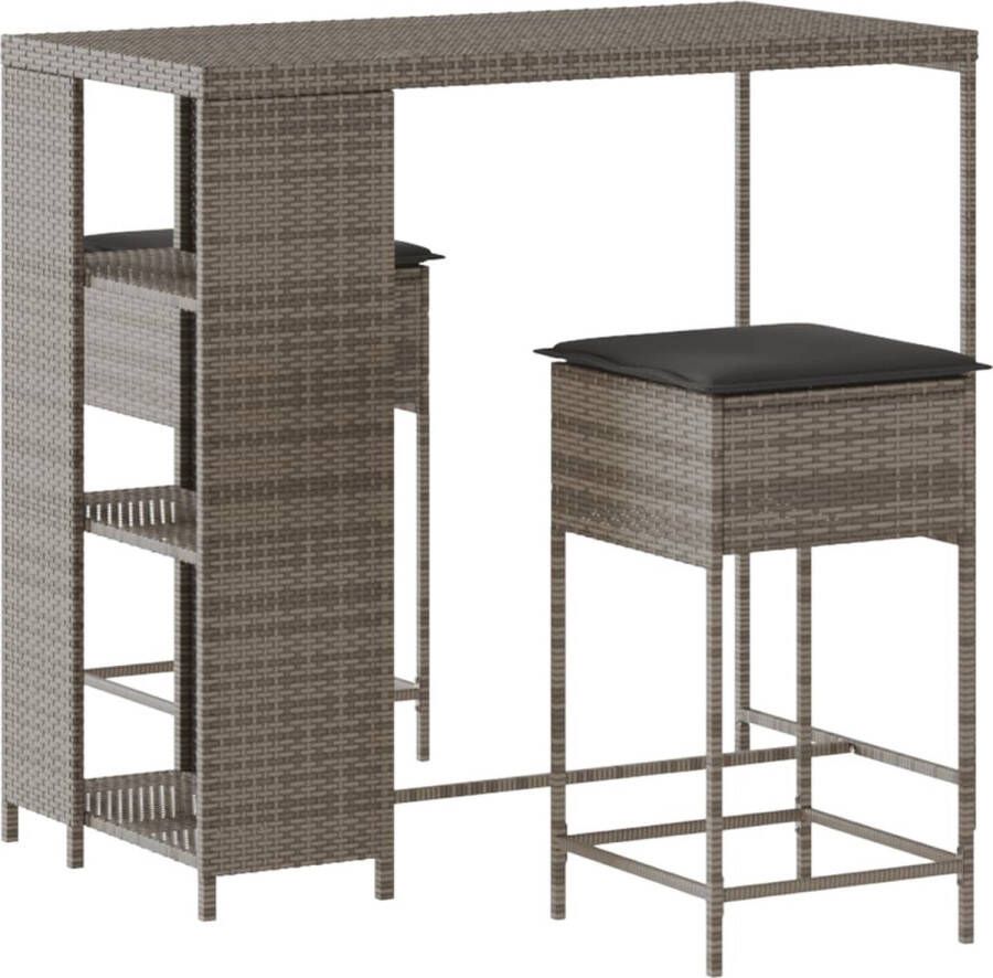VidaXL 3-delige Tuinbarset met kussens poly rattan grijs