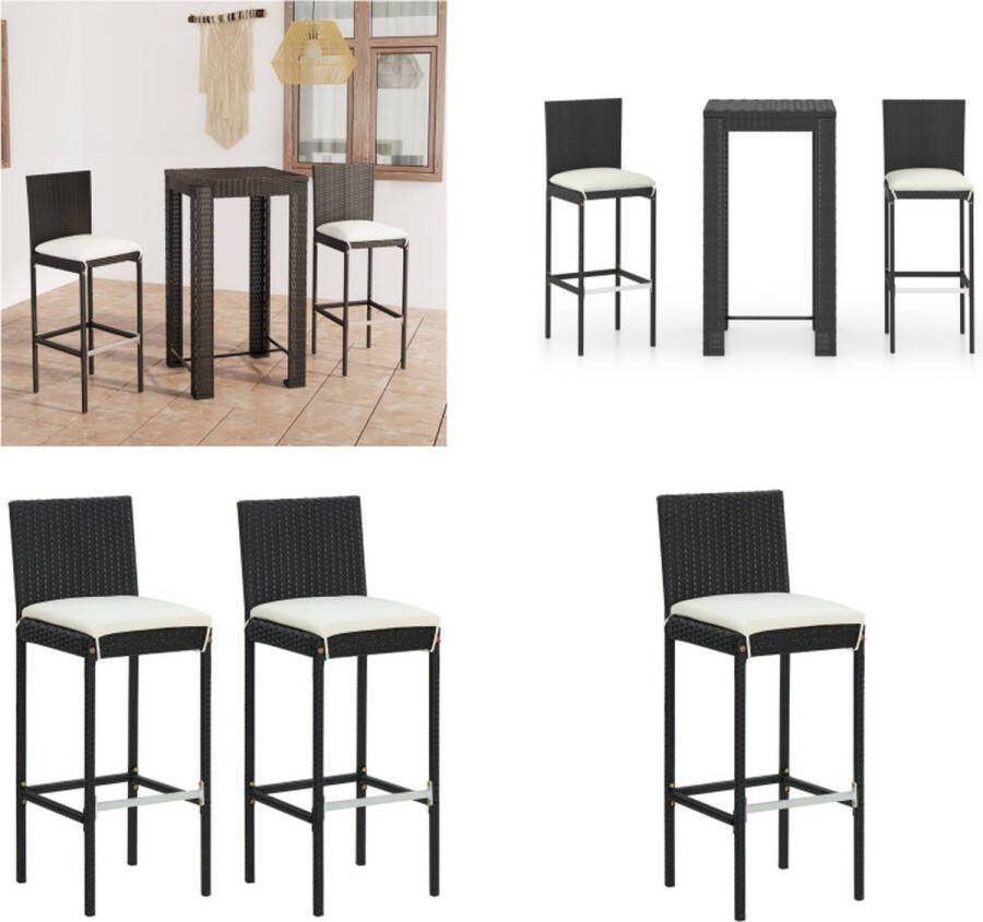 VidaXL 3-delige Tuinbarset met kussens poly rattan zwart Tuinset Tuinsets Loungeset Loungesets