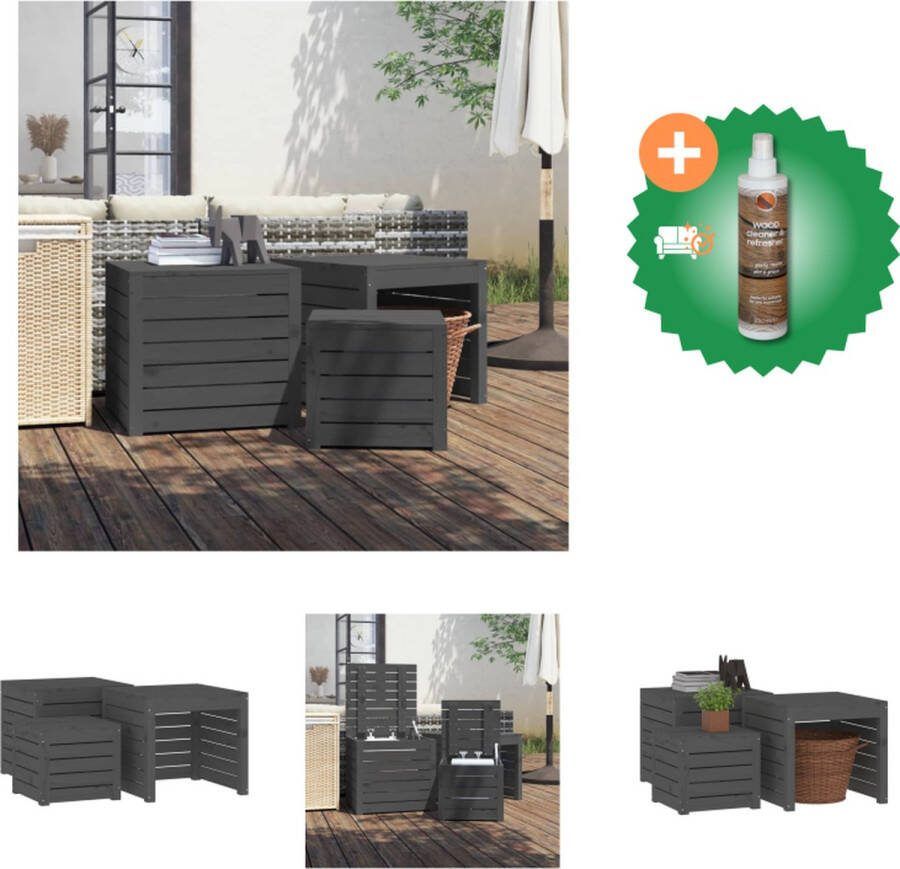 VidaXL Tuinboxset Hout 38x38x34 cm 50.5x50.5x46.5 cm Grijs Massief grenenhout Opberger Inclusief Houtreiniger en verfrisser