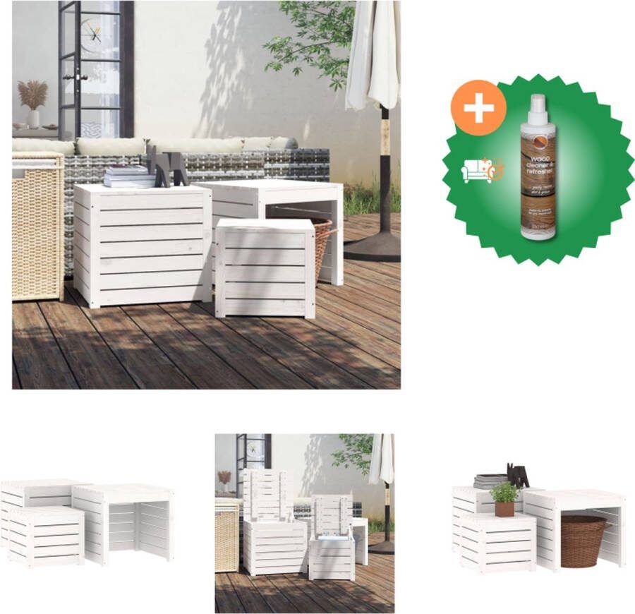VidaXL Grenenhouten Tuinopbergset 38 x 38 x 34 cm 50.5 x 50.5 x 46.5 cm Wit Opberger Inclusief Houtreiniger en verfrisser