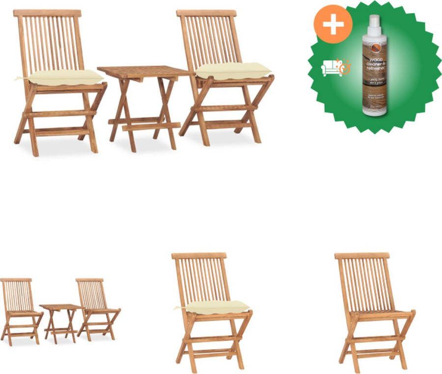 VidaXL Eethoek Teakhouten Tuintafel en Stoelen 50x50x50 cm Stapelbaar Crèmewit Kussen Tuinset Inclusief Houtreiniger en verfrisser