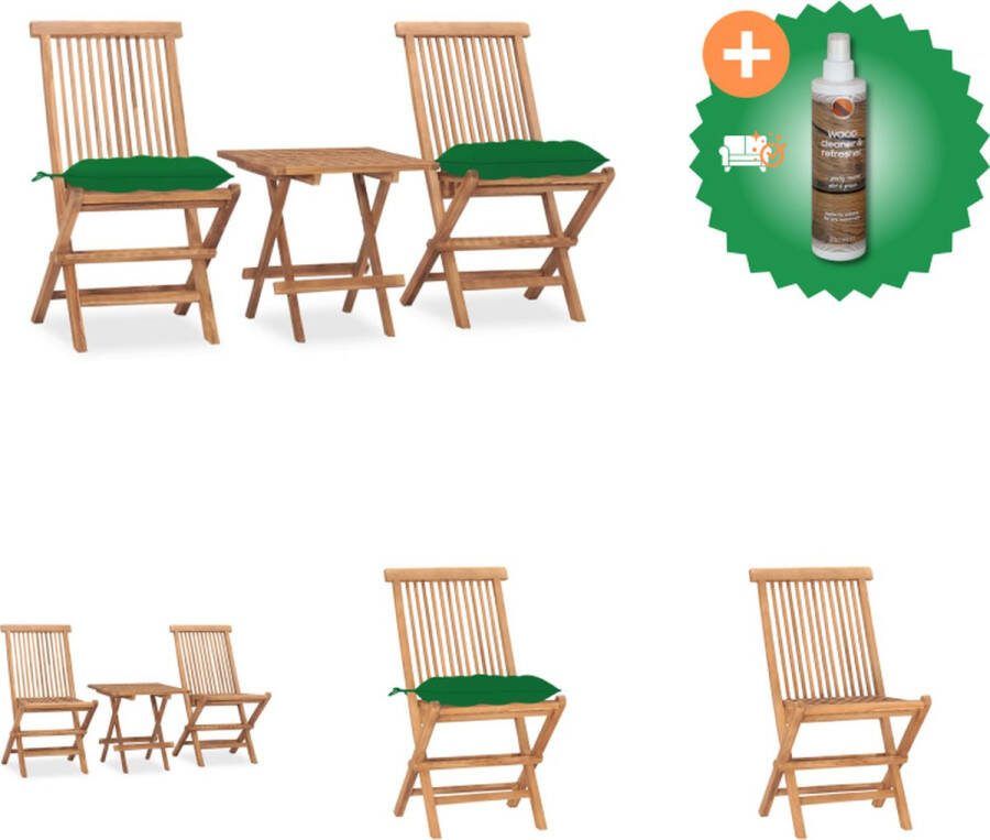 VidaXL Eethoek Teakhout Tuintafel en Stoelen 50x50x50 cm Groen Kussen Tuinset Inclusief Houtreiniger en verfrisser