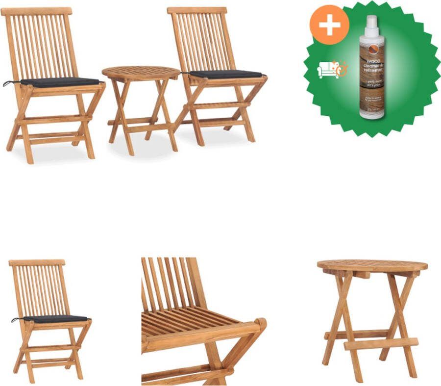 VidaXL Eethoek Teakhout Tuintafel 50x50 cm Stapelbare Stoelen Inklapbaar Antraciet Kussen Tuinset Inclusief Houtreiniger en verfrisser