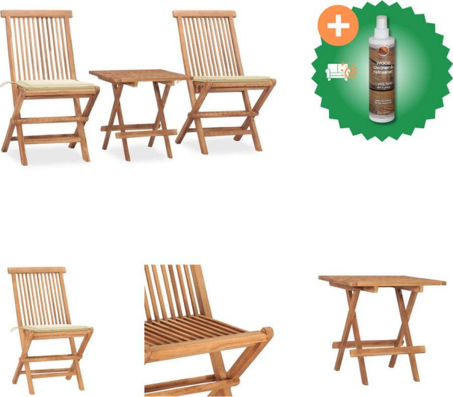 VidaXL Eethoek Teakhout Tafel 50x50x50cm Stoel 46x62x90cm (crème kussen) Tuinset Inclusief Houtreiniger en verfrisser