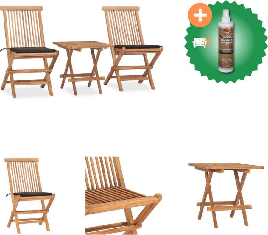 VidaXL Houten Eethoek Tuintafel Stoelen Teakhout Stapelbaar Taupe Kussen Afmetingen Tafel- 50x50x50cm Afmetingen Stoel- 46x62x90cm Tuinset Inclusief Houtreiniger en verfrisser