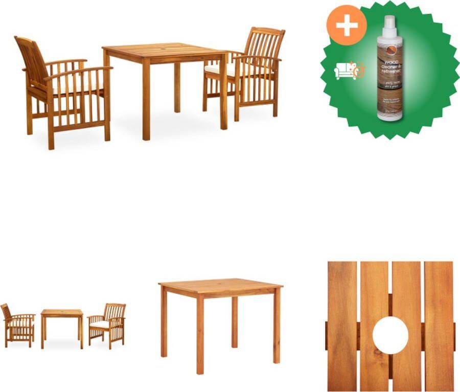 VidaXL Tuinset Acaciahout Eettafel 88x88x74 cm Eetstoel 61x64x90 cm Crèmewit kussen Tuinset Inclusief Houtreiniger en verfrisser