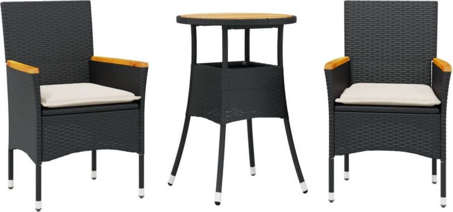 VidaXL 3-delige Tuinset met kussens poly rattan en acaciahout zwart