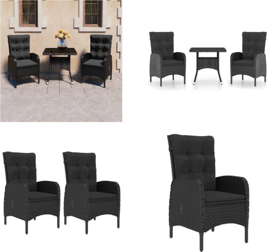VidaXL 3-delige Tuinset poly rattan en glas zwart Eethoek Voor Buiten Eethoeken Voor Buiten Tuintafel En Stoel Tuintafels En Stoelen