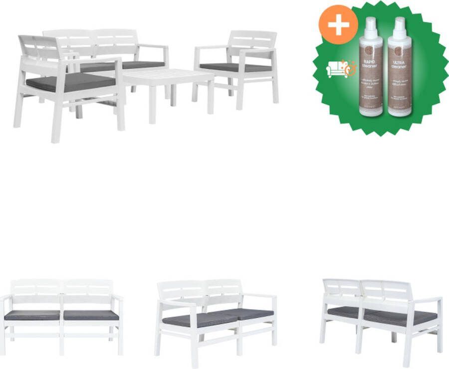 VidaXL Loungeset Kunststof wit Salontafel- 78x55x38cm Bank- 133x65x74.5cm Armstoel- 72.5x65x74.5cm Inclusief 4 zitkussens Weerbestendig Tuinset Inclusief Onderhoudsset
