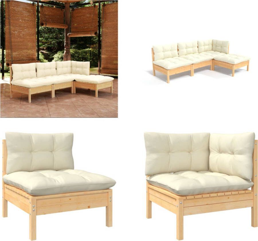 VidaXL 4-delige Loungeset met crèmekleurige kussens grenenhout Loungeset Loungesets Lounge Set Lounge Sets