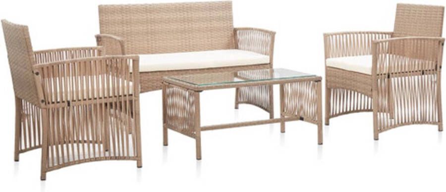 vidaXL 4-delige Loungeset met kussens poly rattan beige