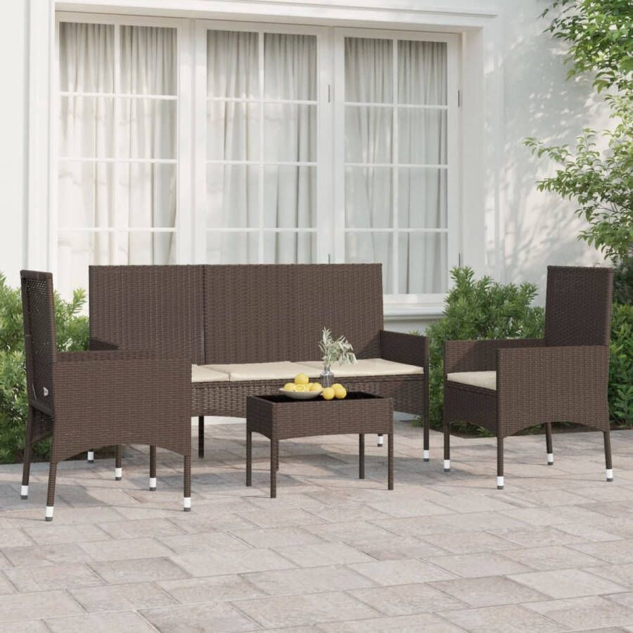 vidaXL 4-delige Loungeset met kussens poly rattan bruin