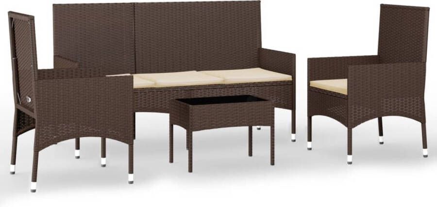 vidaXL 4-delige Loungeset met kussens poly rattan bruin