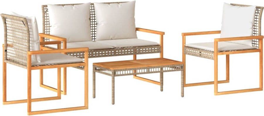 VidaXL 4-delige Loungeset met kussens poly rattan gemengd beige