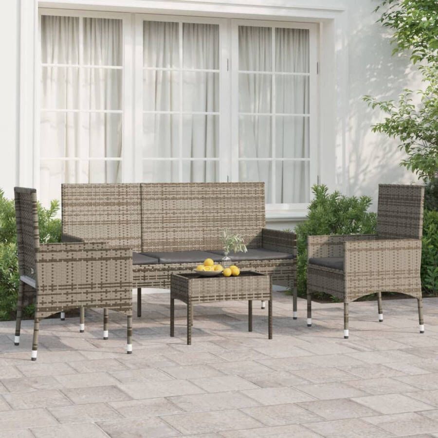 vidaXL 4-delige Loungeset met kussens poly rattan grijs