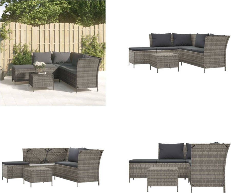 VidaXL 4-delige Loungeset met kussens poly rattan grijs Loungeset Loungesets Loungeset Tuin Loungebank Tuin