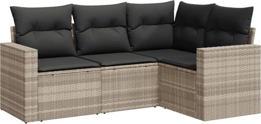 VidaXL 4-delige Loungeset met kussens poly rattan lichtgrijs