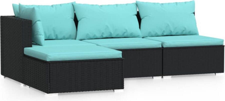 VidaXL -4-delige-Loungeset-met-kussens-poly-rattan-zwart