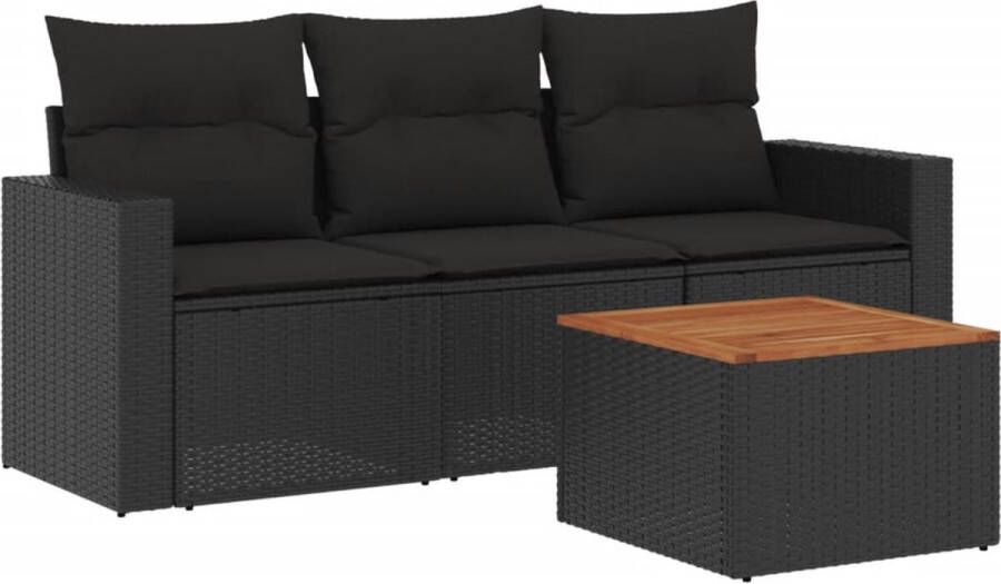 VidaXL 4-delige Loungeset met kussens poly rattan zwart