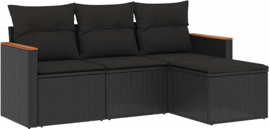 VidaXL 4-delige Loungeset met kussens poly rattan zwart