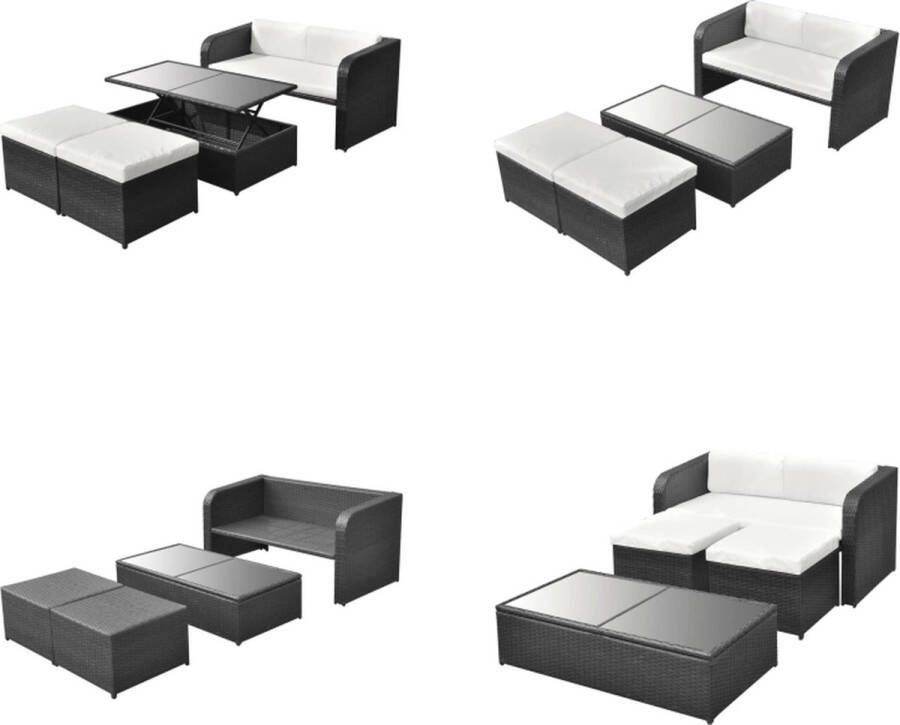 VidaXL -4-delige-Loungeset-met-kussens-poly-rattan-zwart Eethoek Voor Buiten Eethoeken Voor Buiten Tuintafel En Stoel Tuintafels En Stoelen