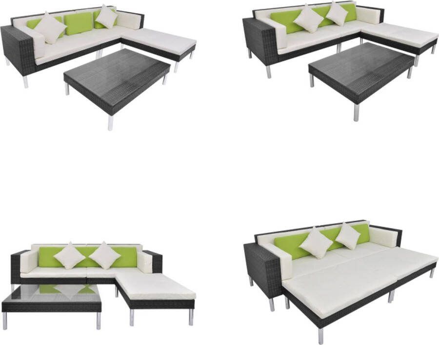 VidaXL 4-delige Loungeset met kussens poly rattan zwart Tuinbank Tuinbanken Bank Banken
