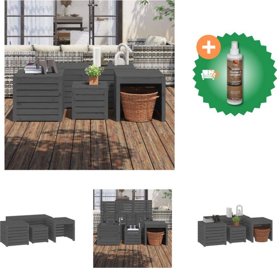 VidaXL Tuinboxset Massief grenenhout Opbergruimte Grijs 38x38x34 cm 50.5x50.5x46.5 cm 101x50.5x46.5 cm Opberger Inclusief Houtreiniger en verfrisser