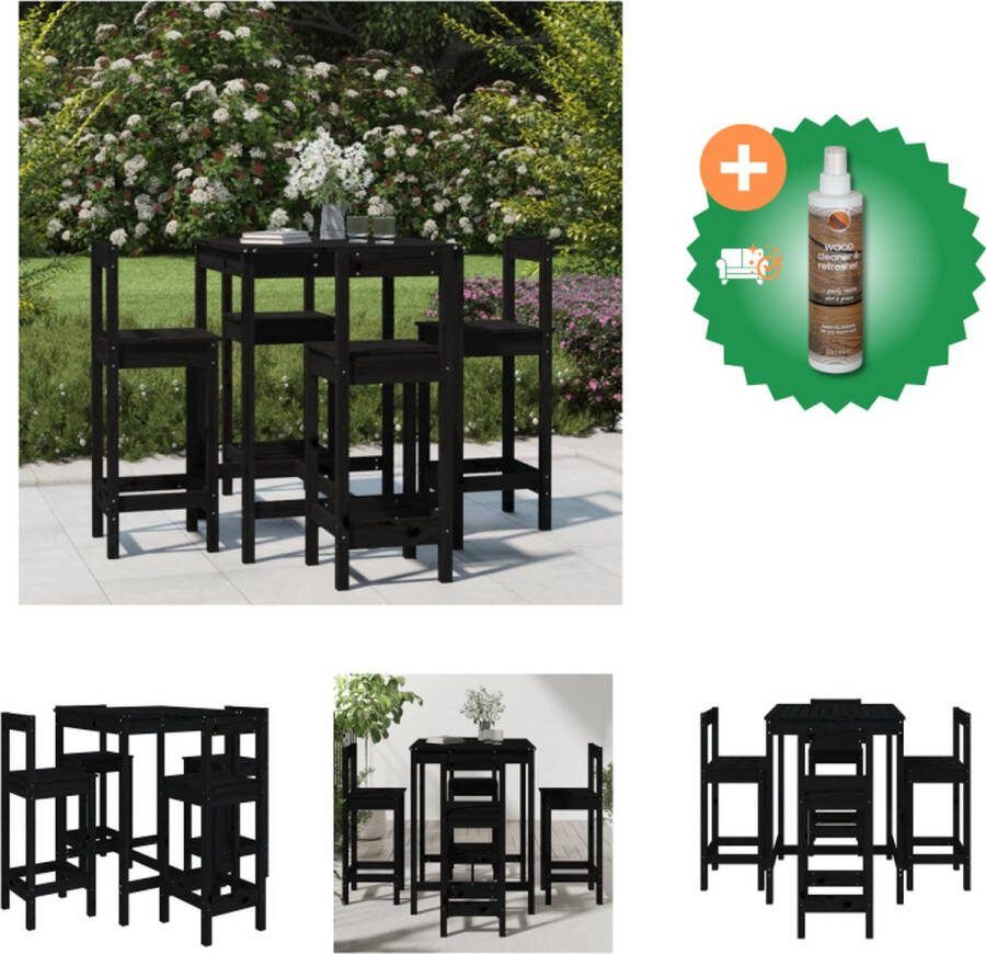VidaXL Barset Massief grenenhout Zwart 82.5 x 82.5 x 110 cm Inclusief 1x bartafel 4x barstoel Tuinset Inclusief Houtreiniger en verfrisser