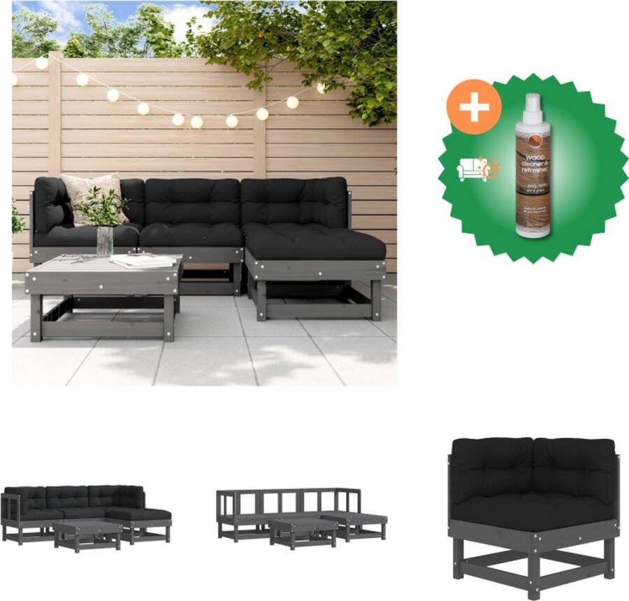 VidaXL Loungeset Grenenhout Grijs 5 zitkussens 5 rugkussens Tuinset Inclusief Houtreiniger en verfrisser