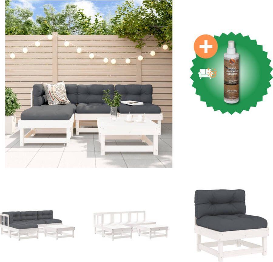 VidaXL Loungeset Massief Grenenhout Wit 2x Middenbank 1x Hoekbank 2x Voetenbank Salontafel 61x61x62cm Comfortabel Tuinset Inclusief Houtreiniger en verfrisser