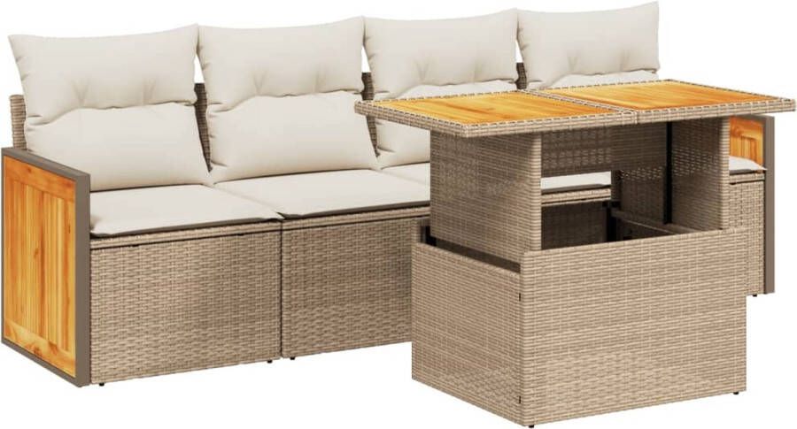 VidaXL 5-delige Loungeset met kussens poly rattan beige
