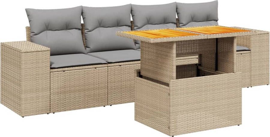 VidaXL 5-delige Loungeset met kussens poly rattan beige